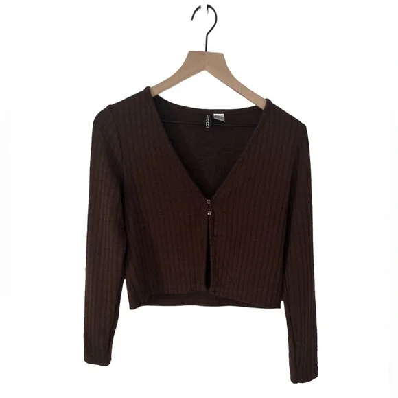 Ribbed, dainty cardigan in chocolate brown, women’s medium, H&M Divided